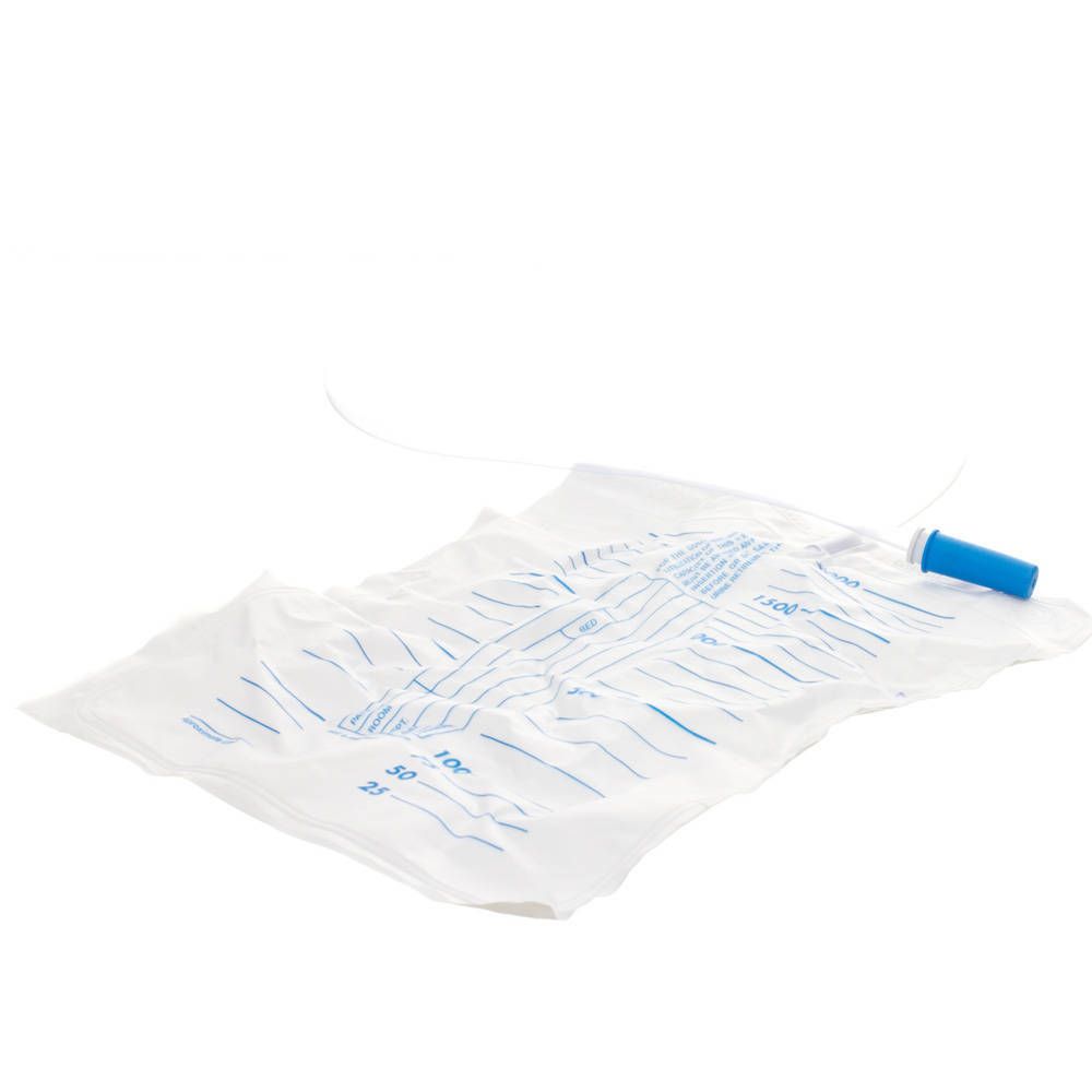 Urinezak met blauwe dop en schaalverdeling. Transparant materiaal. Slang aansluiting.
