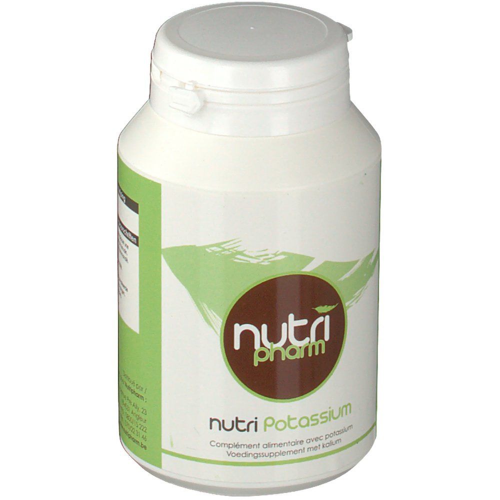Flacon blanc avec étiquette verte. Inscription: Nutri Pharm, Nutri Potassium. Logo marron.