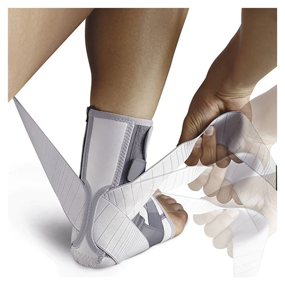 Verpakking van de enkelbrace. Merk Push. Productnaam: med Ankle Brace. Voor het linkerbeen.