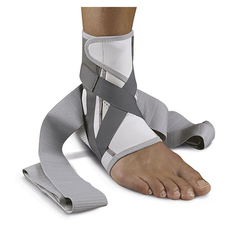 Emballage de l'attelle de cheville. Marque Push. Nom du produit : med Ankle Brace. Pour la jambe gauche.
