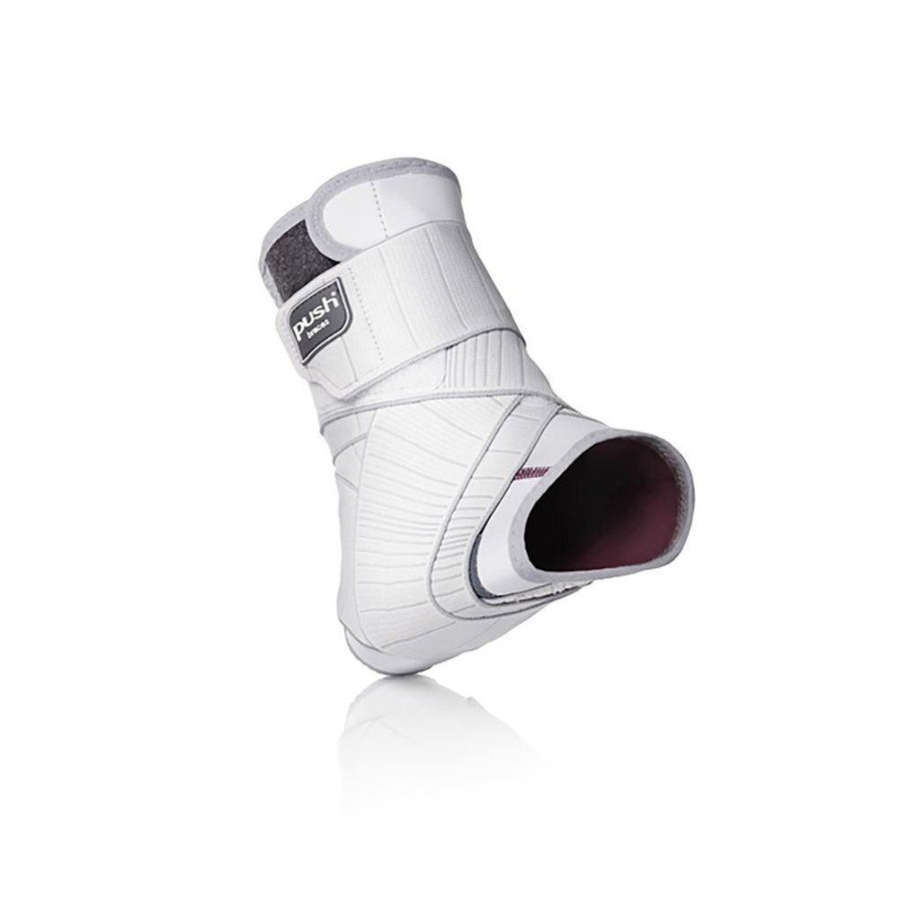 Verpakking van de enkelbrace. Merk Push. Productnaam: med Ankle Brace. Voor het linkerbeen.