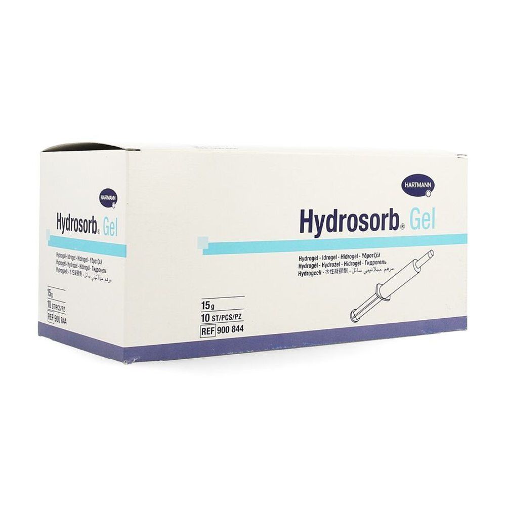 Boîte de Hydrosorb. Gel. Contient 10 pièces. Fabricant : Hartmann. Nom du produit et illustration d'un applicateur.