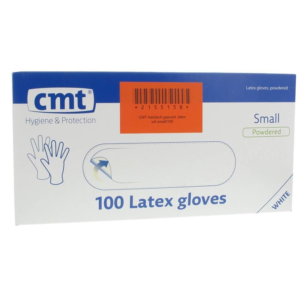 Verpakking met 100 witte latex handschoenen, maat Small, van CMT. Met barcode label.