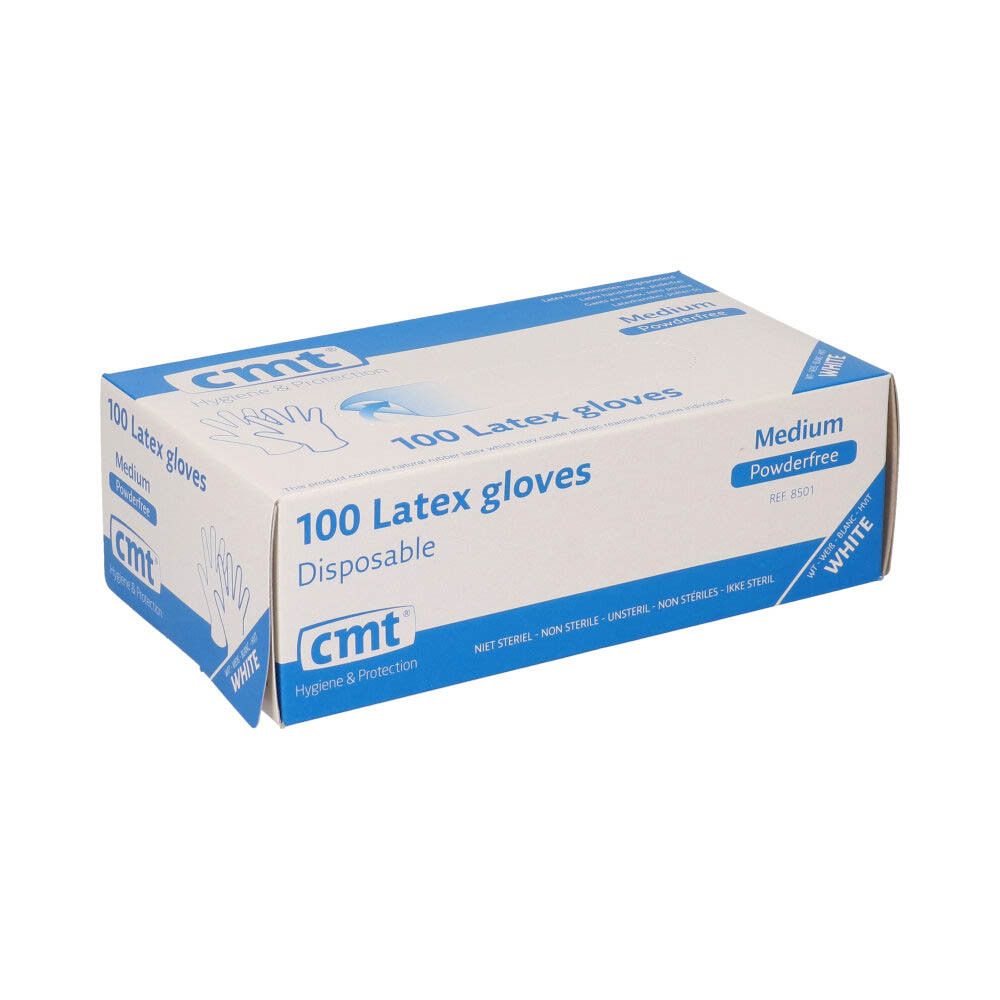 Witte doos 'cmt'. 100 latex handschoenen, poedervrij, Medium. Maten: XS-XL. Opschrift 'WHITE'.