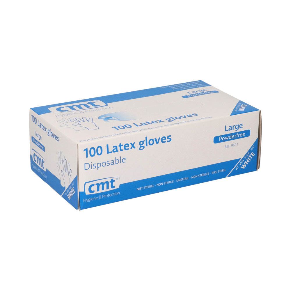 Witte doos met 100 latex handschoenen, poedervrij, Large. Merk: cmt.