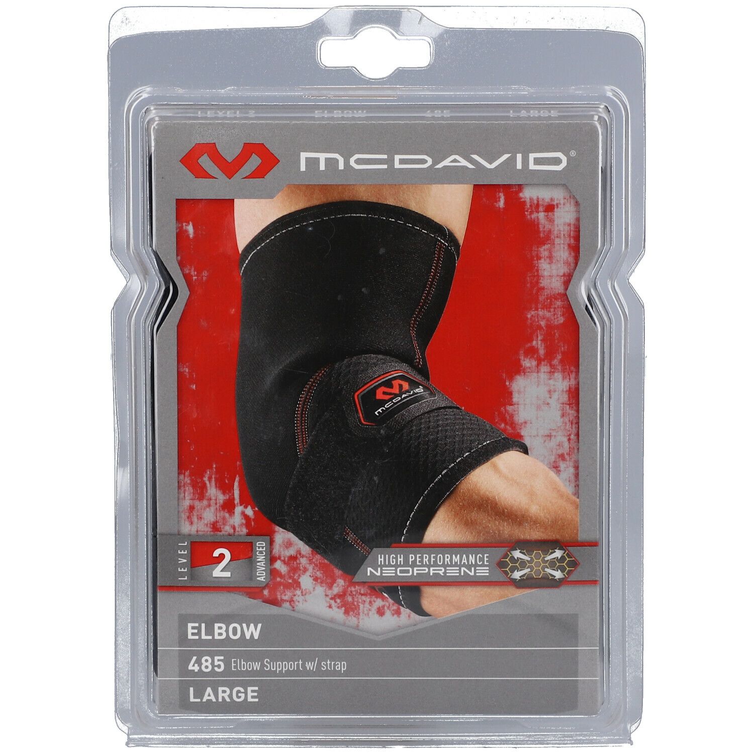 McDavid 485 elleboogbrace zwart, verpakking. Niveau 2. Large. Neopreen. Klittenbandsluiting.