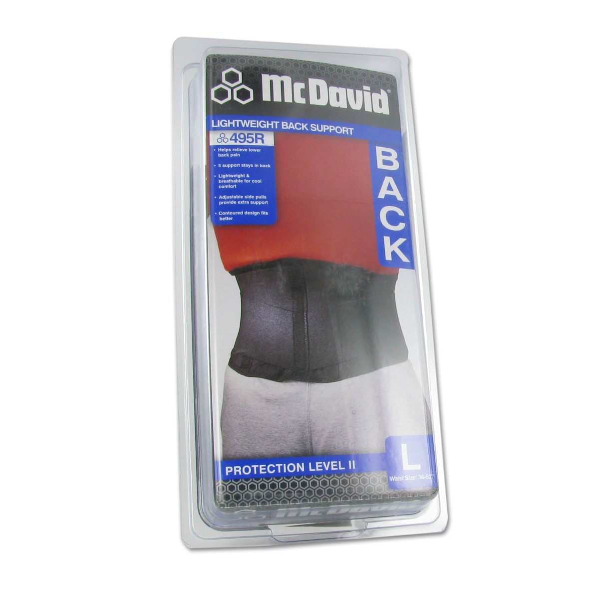 McDavid Lightweight Back Support zwart maat L, verpakt. Zichtbaar: logo, productnaam, maat, beschermingsniveau.
