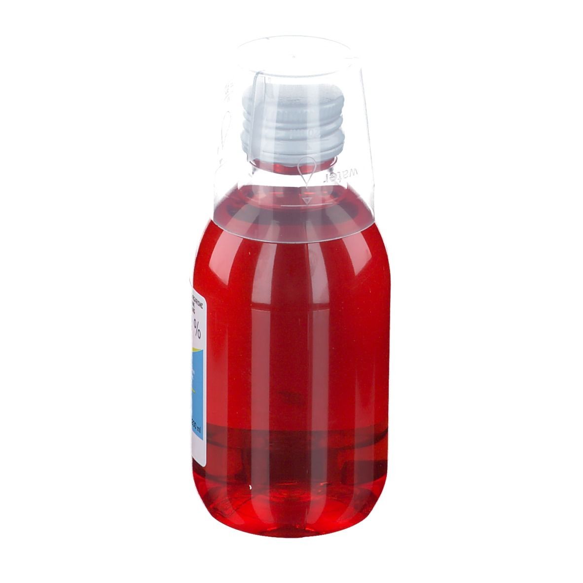 Flacon de liquide rouge avec bouchon blanc. Enveloppe plastique transparente.