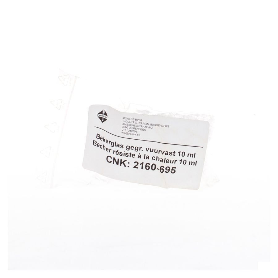 Label met tekst: Bekerglas gegr. vuurvast 10 ml, Becher résiste à la chaleur 10 ml, CNK: 2160-695.