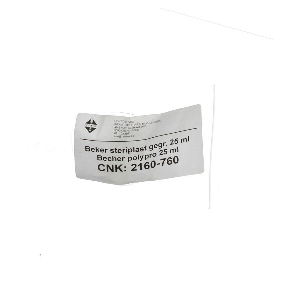 Étiquette avec informations produit: Beker steriplast gegr. 25 ml, Becher polypro 25 ml, CNK: 2160-760.