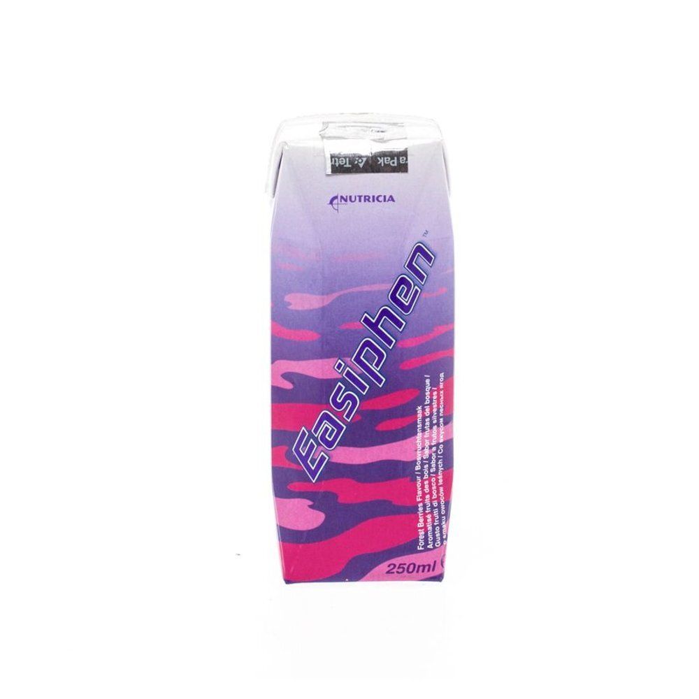 Brique de jus Easiphen. Design violet et rose. Inscription "250ml". Marque Nutricia.