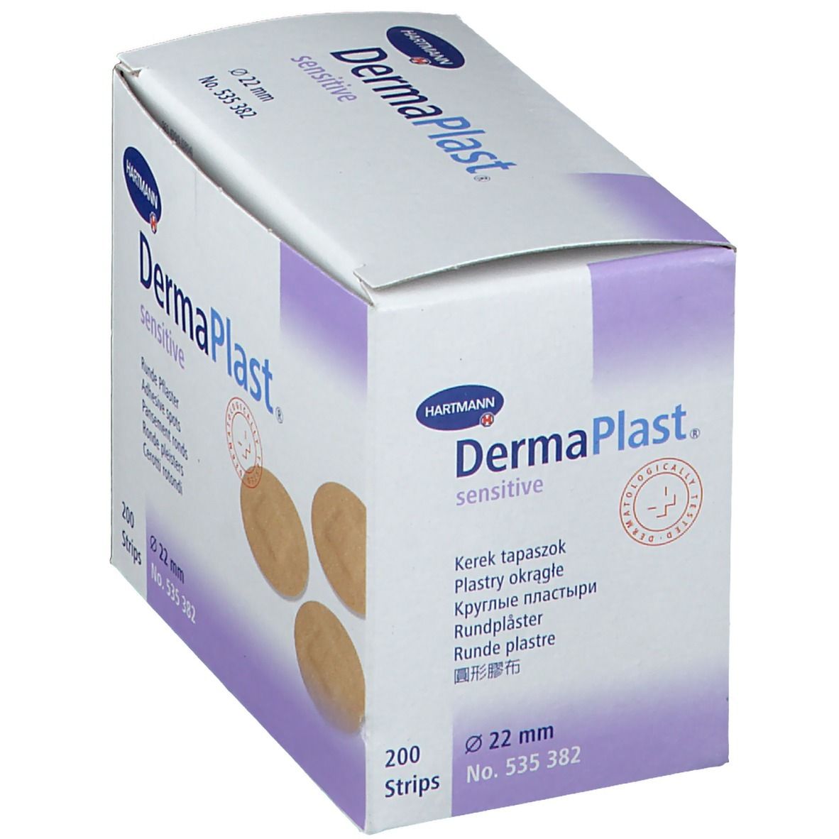 Boîte de pansements ronds 22 mm en biais. Marque: Dermaplast sensitive. 200 pièces.