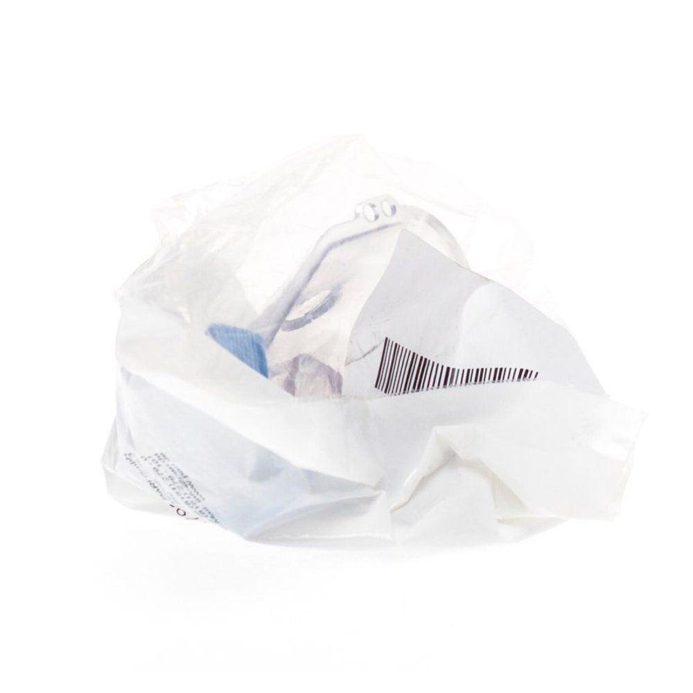 Masque souple Pari P7V Child Blue dans un emballage transparent. Code-barres sur l'emballage. Masque bleu visible.