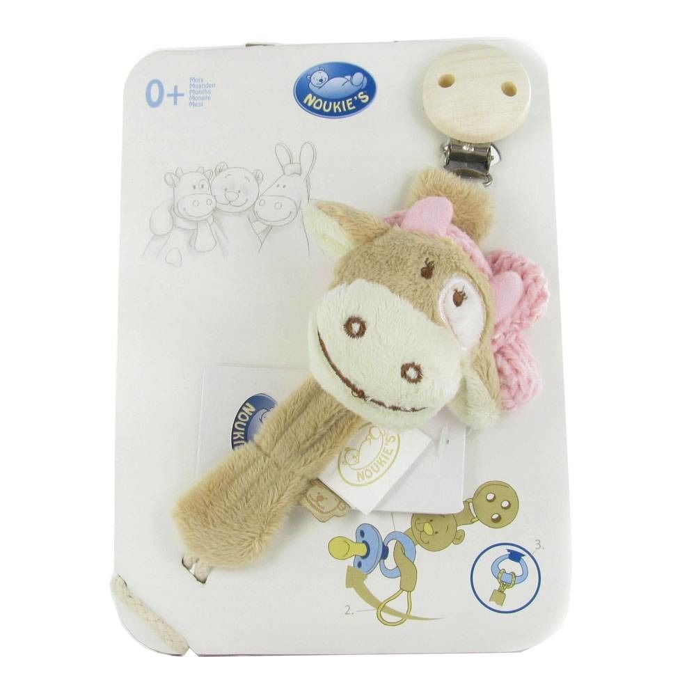 Speenhouder met koeienknuffel. Beige, roze en wit. Op verpakking met logo en tekeningen. Aanbevolen vanaf 0+.