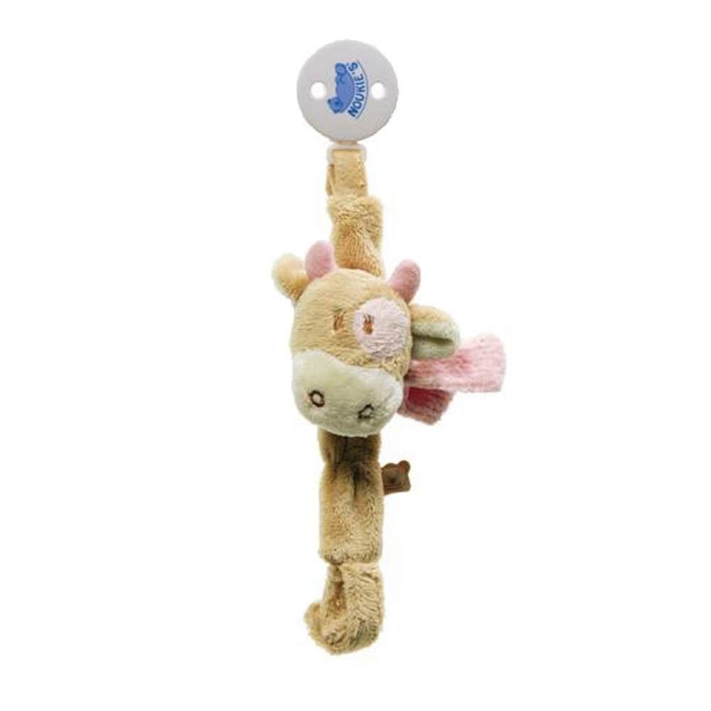 Speenhouder met koeienknuffel. Beige, roze en wit. Met clip en speenbevestiging.