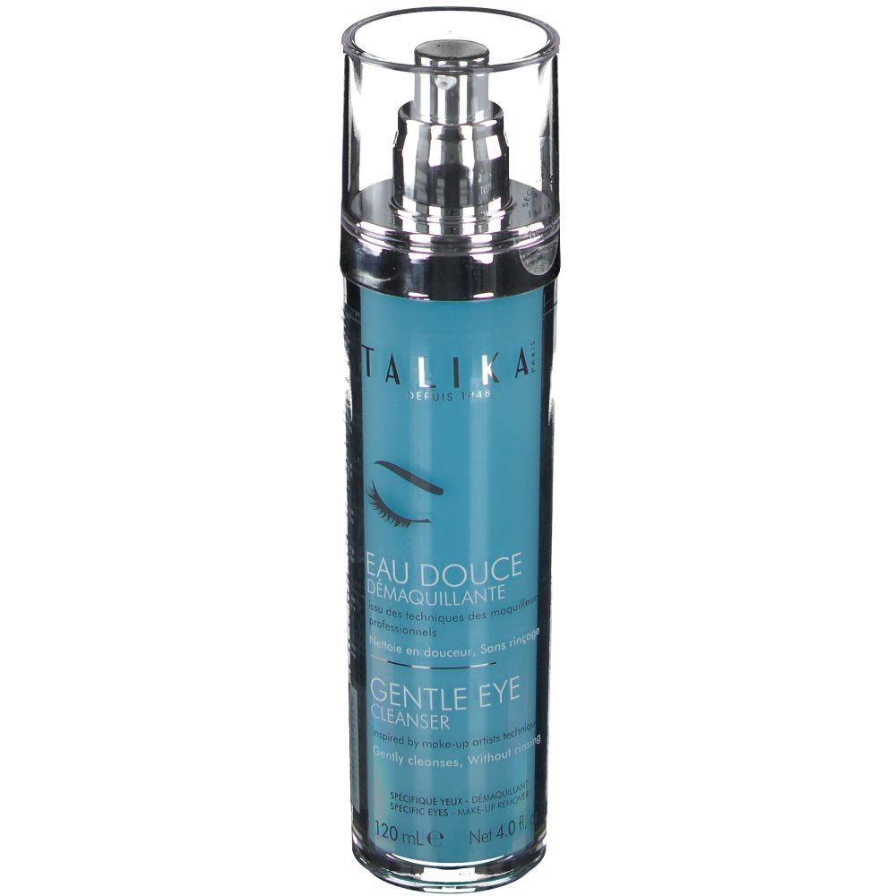 Flacon de nettoyant pour les yeux avec pompe. Liquide bleu turquoise, bouchon argenté. Inscription : TALIKA, EAU DOUCE DEMAQUILLANTE, GENTLE EYE CLEANSER.
