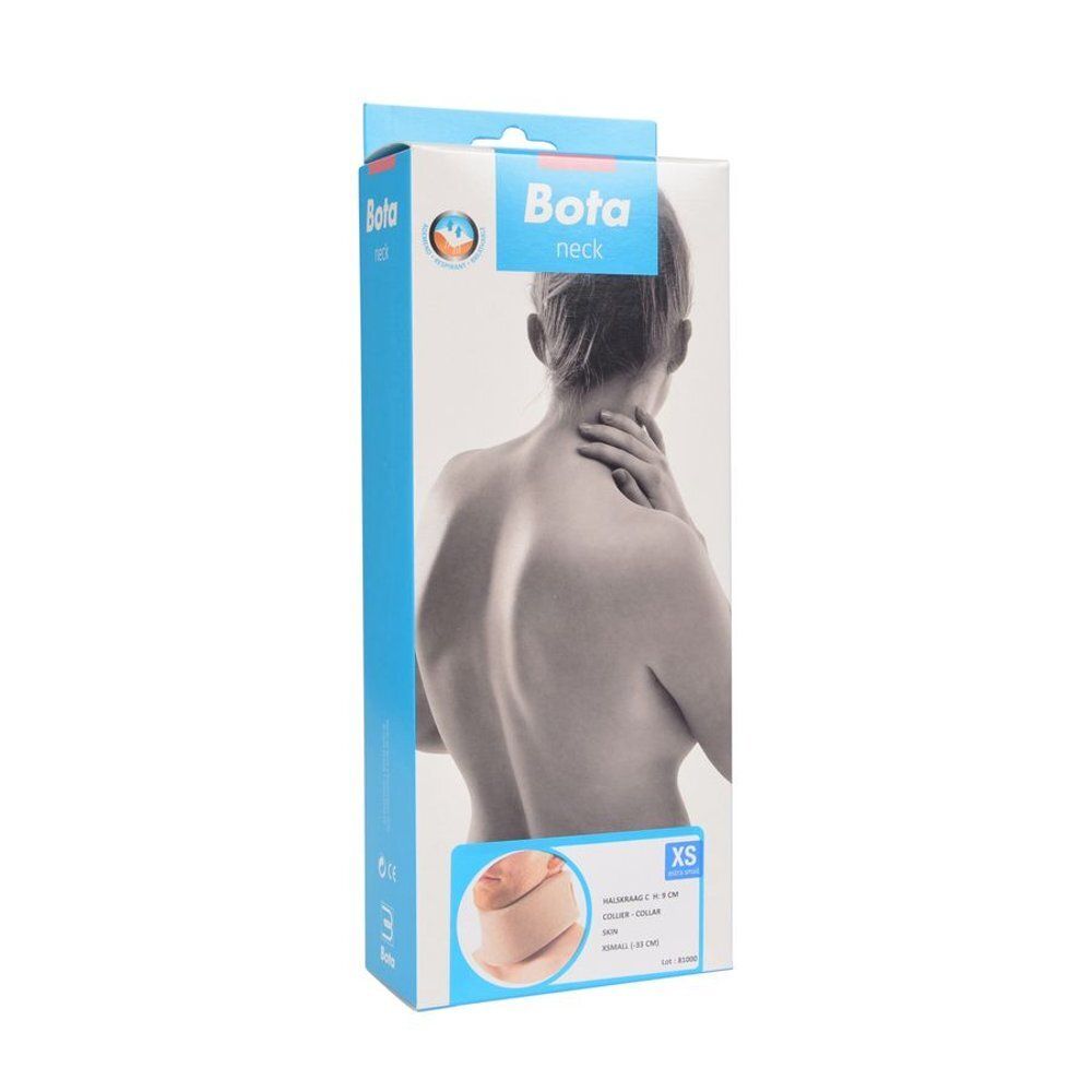 Emballage de collier cervical. Bleu et blanc. Inscription: Bota neck, XS. Illustration d'une personne.