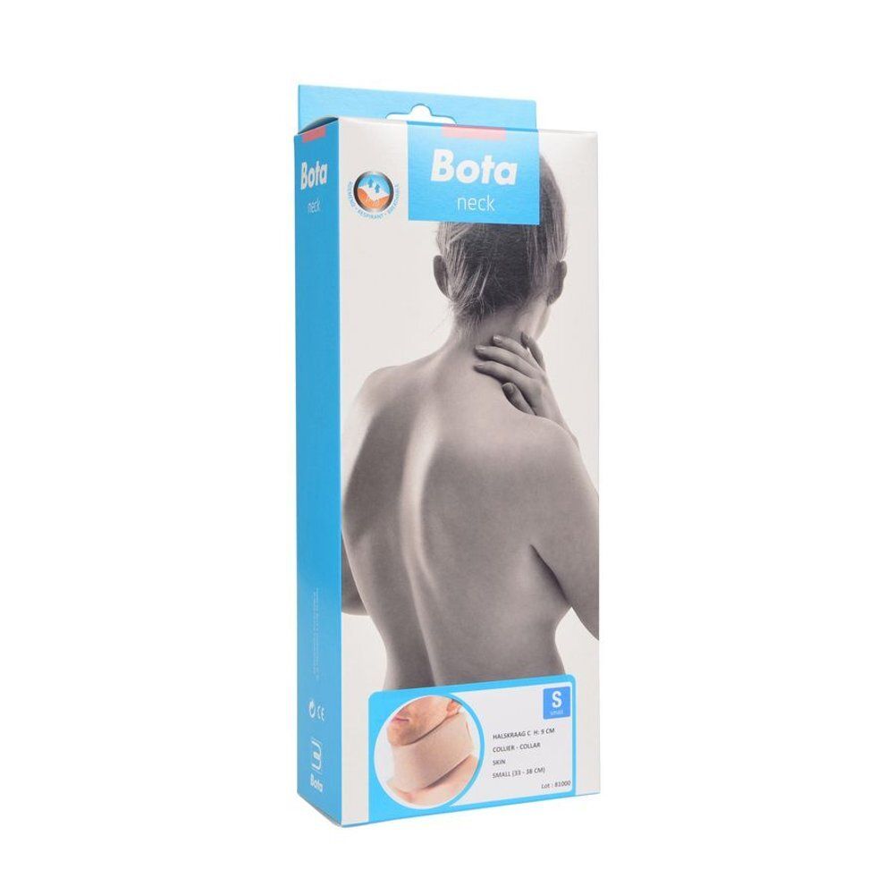 Emballage de collier cervical. Nom 'Bota neck'. Illustration d'une personne. Taille 'S'.