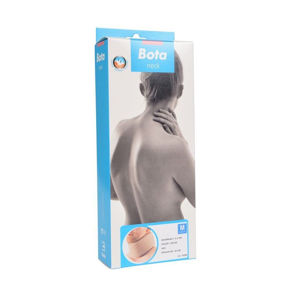 Emballage avec collier cervical. Inscription : Bota neck. Illustration d'une personne avec un collier cervical. Taille M.