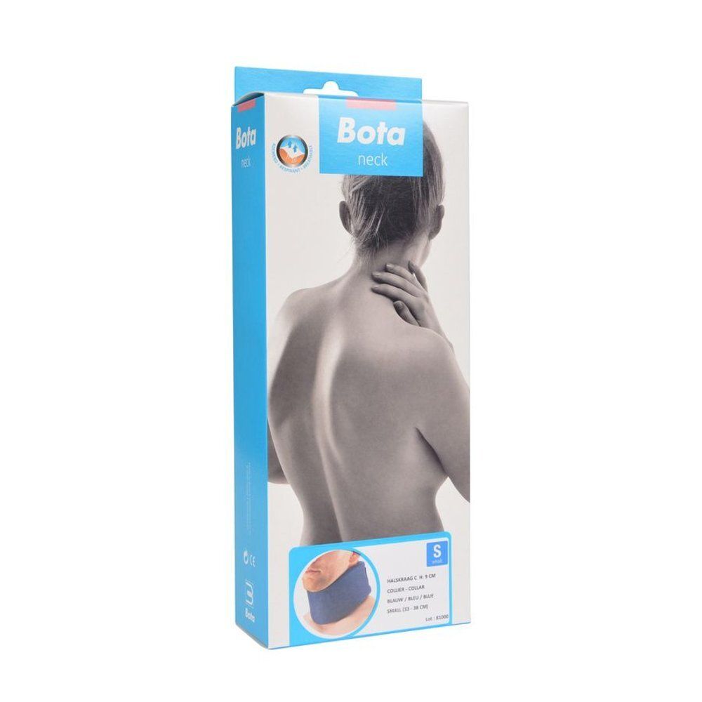 Emballage avec collier cervical. Marque Bota. Collier bleu. Taille S. Vue arrière d'une personne.