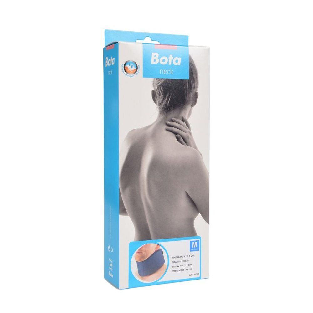 Verpakking nekbrace Bota. Maat Medium. Blauw product afgebeeld.