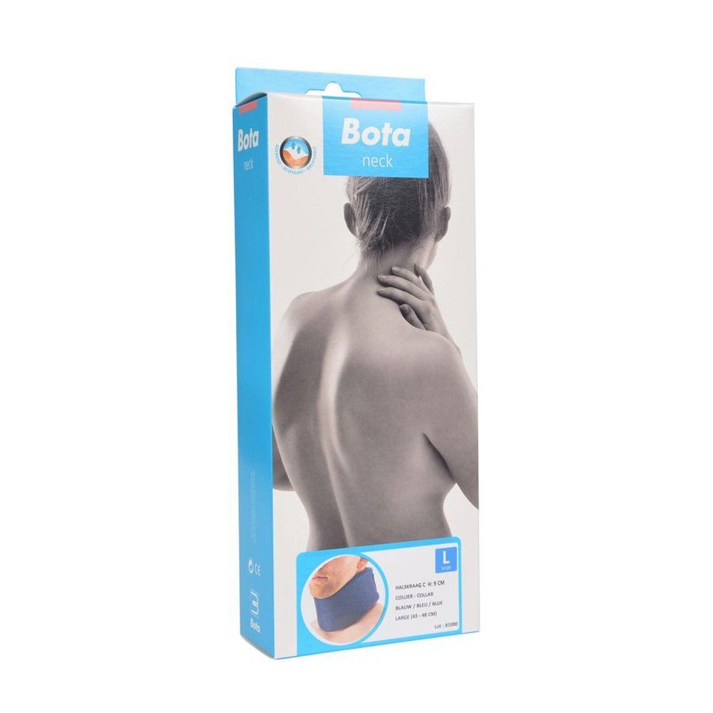 Verpakking voor een blauwe nekbrace. Merk Bota. Maat L. Illustratie van een persoon met nekbrace.