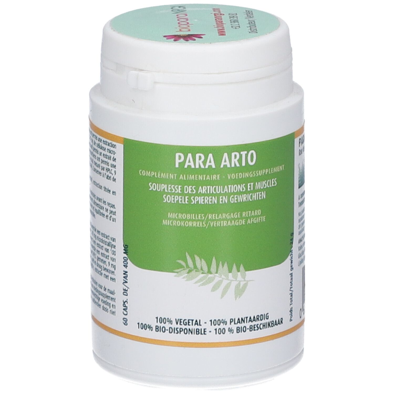Flacon blanc de complément alimentaire avec étiquette verte. Inscription : PARA ARTO. 60 gélules. 100% végétal.
