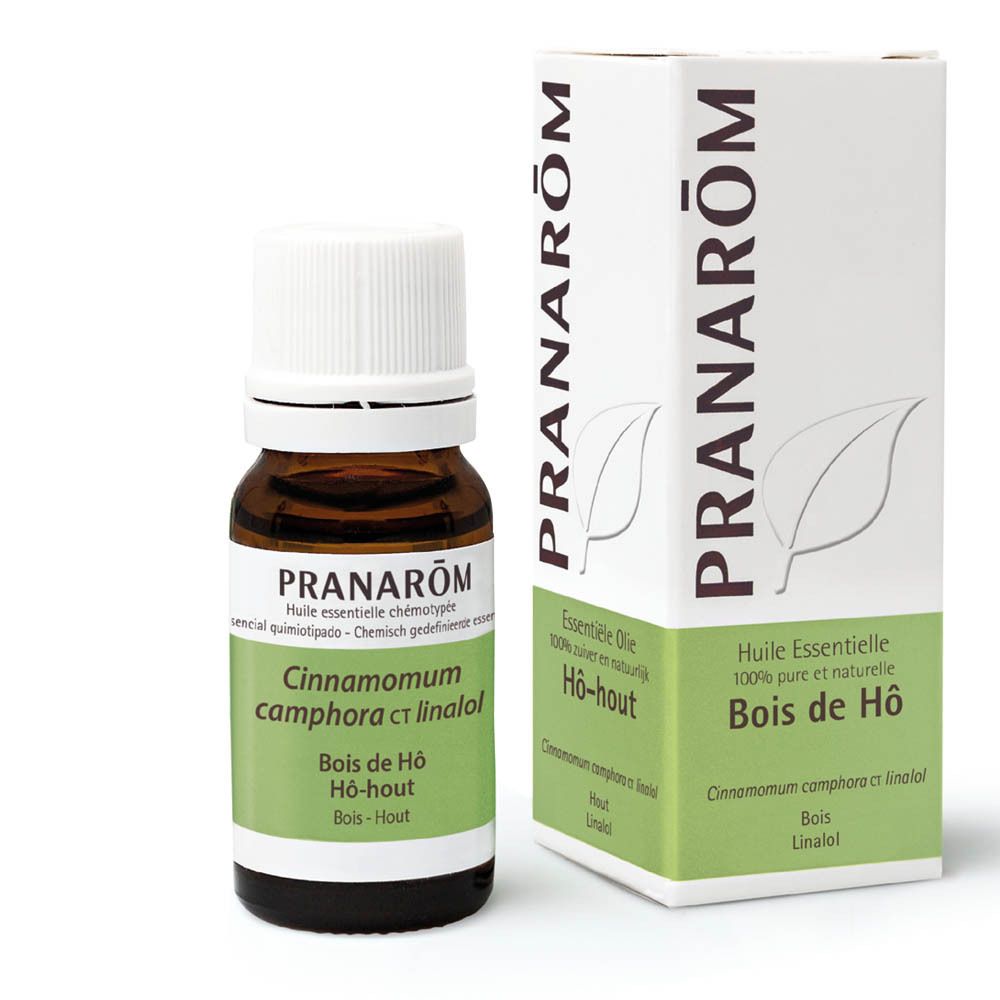 Bruine glazen fles en doos. Beide met PRANAROM-logo en productnaam. Fles met witte dop.