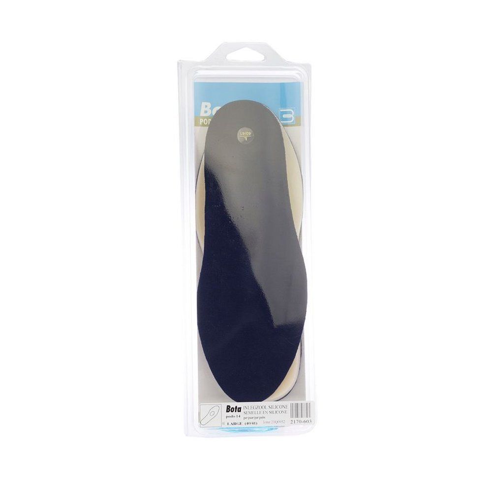 Verpakking met twee inlegzolen, een donkerblauwe en een witte.