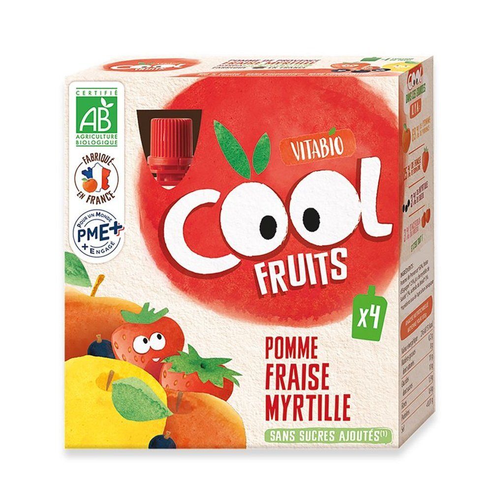 Emballage Vitabio Cool Fruits. Illustration pomme, fraise, myrtille. Labels AB et Fabriqué en France. Texte : Sans sucres ajoutés.
