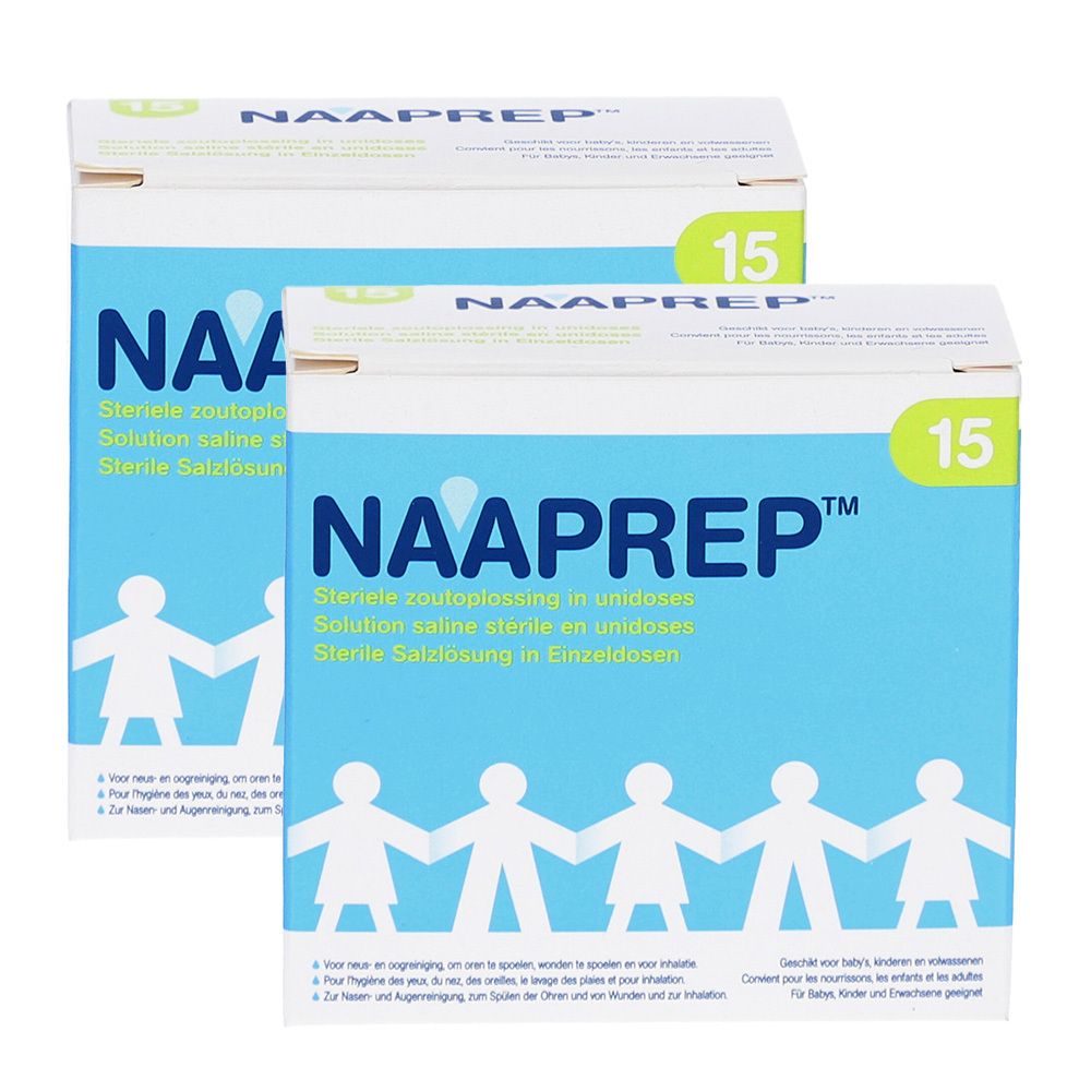 Deux boîtes Naaprep, 15 unidoses. Boîtes bleues et blanches avec nom du produit et pictogramme.