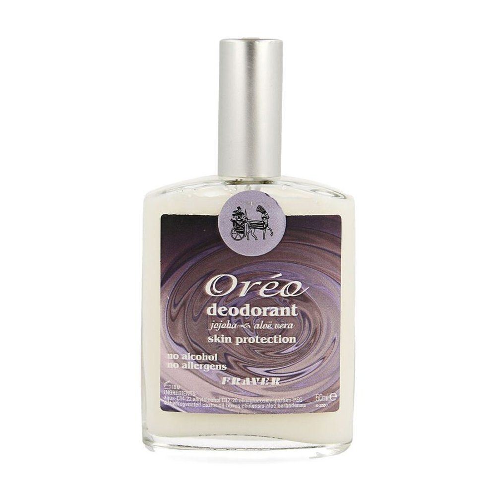 Deo Oreo Fraver Vapo fles. Zilverkleurige sproeikop. Etiket met productnaam en ingrediënten. Opschrift: « no alcohol, no allergens ».