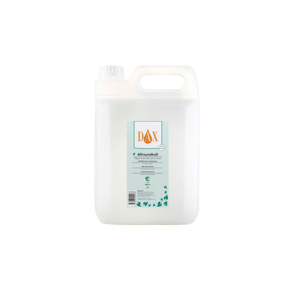 Witte jerrycan met handvat en schroefdop. Etiket met "DAX" logo en tekst "Allroundtvål". Groene bladeren.