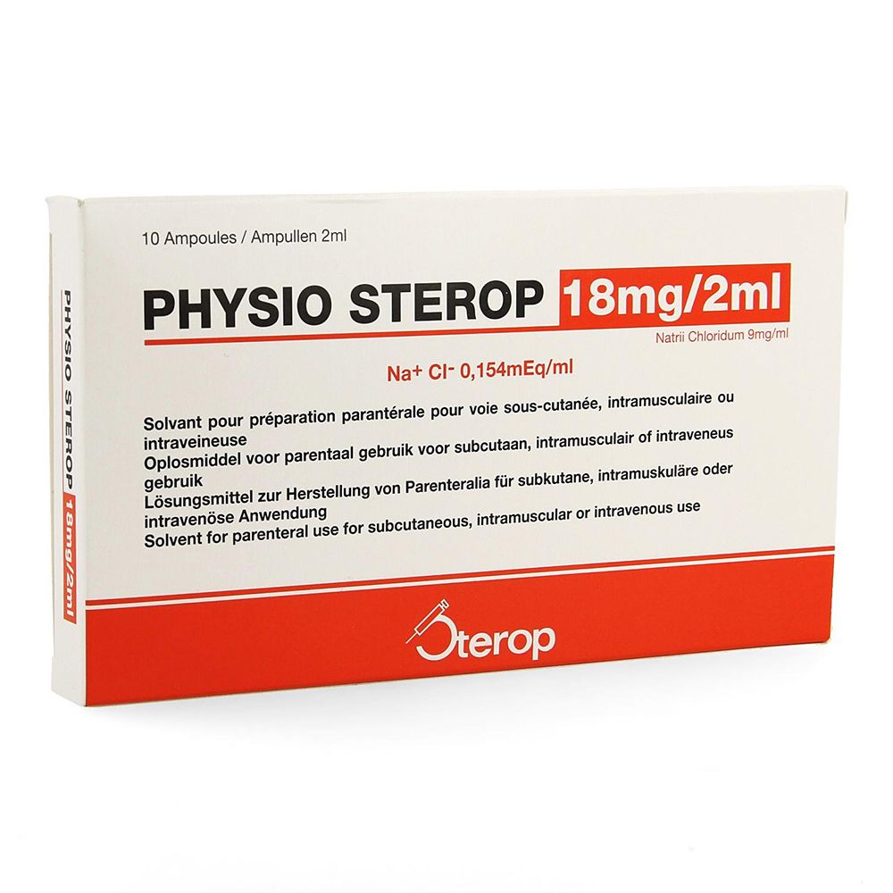 Verpakking van Physio Sterop 18mg/2ml. Opschrift: 10 ampullen. Rode en witte doos met productnaam en informatie.