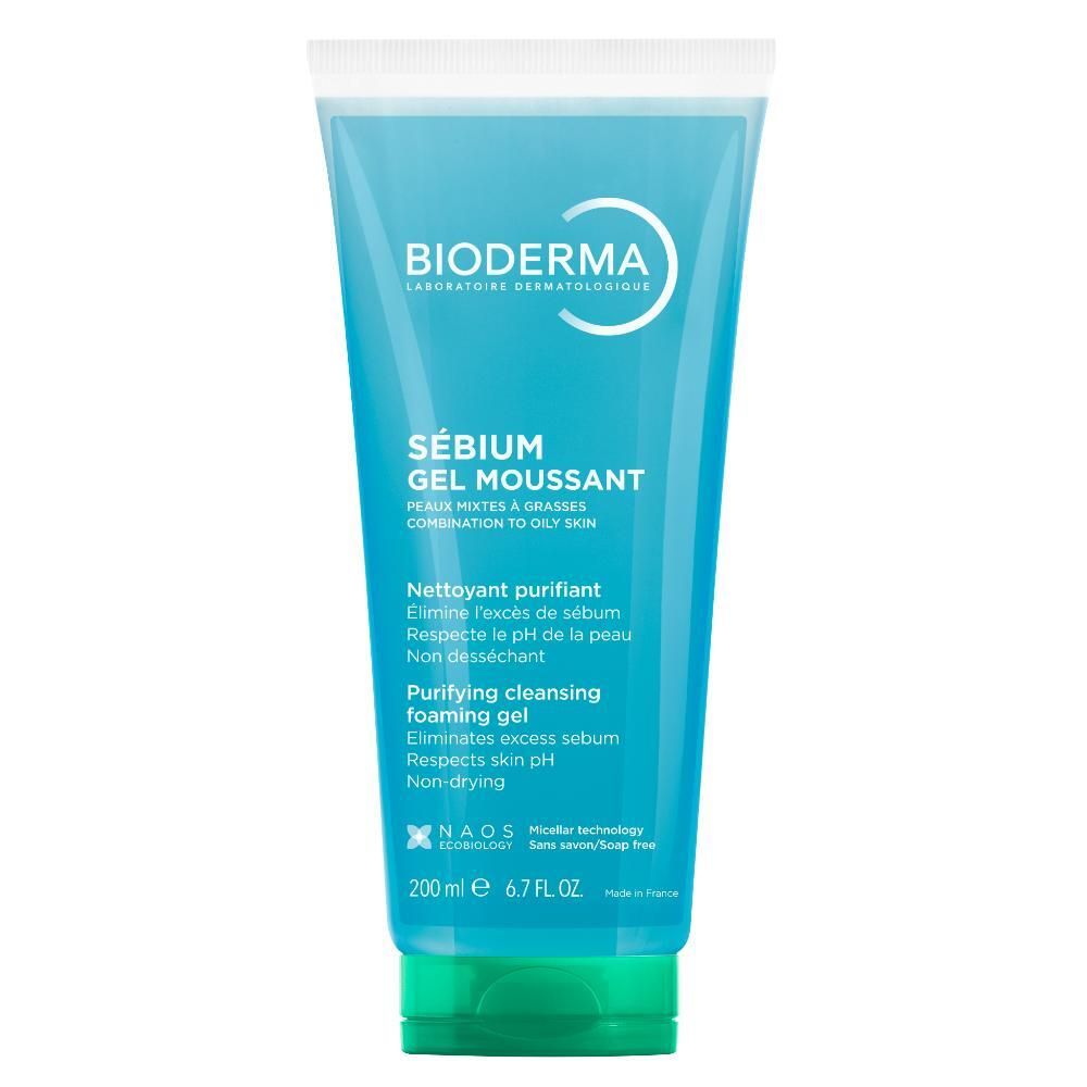 Blauwe tube met groene dop. Opschrift: BIODERMA, Sébium Gel moussant. Tekst in het Frans en Engels. 200 ml.