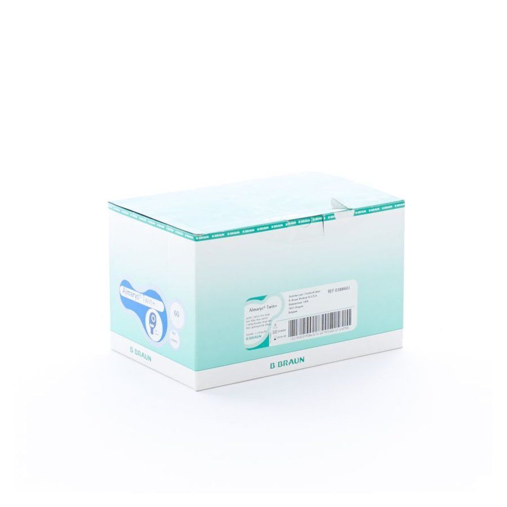 Kartonnen verpakking. Wit met blauwgroene accenten. Opschrift: B. Braun. Barcode en productinformatie op de zijkant.