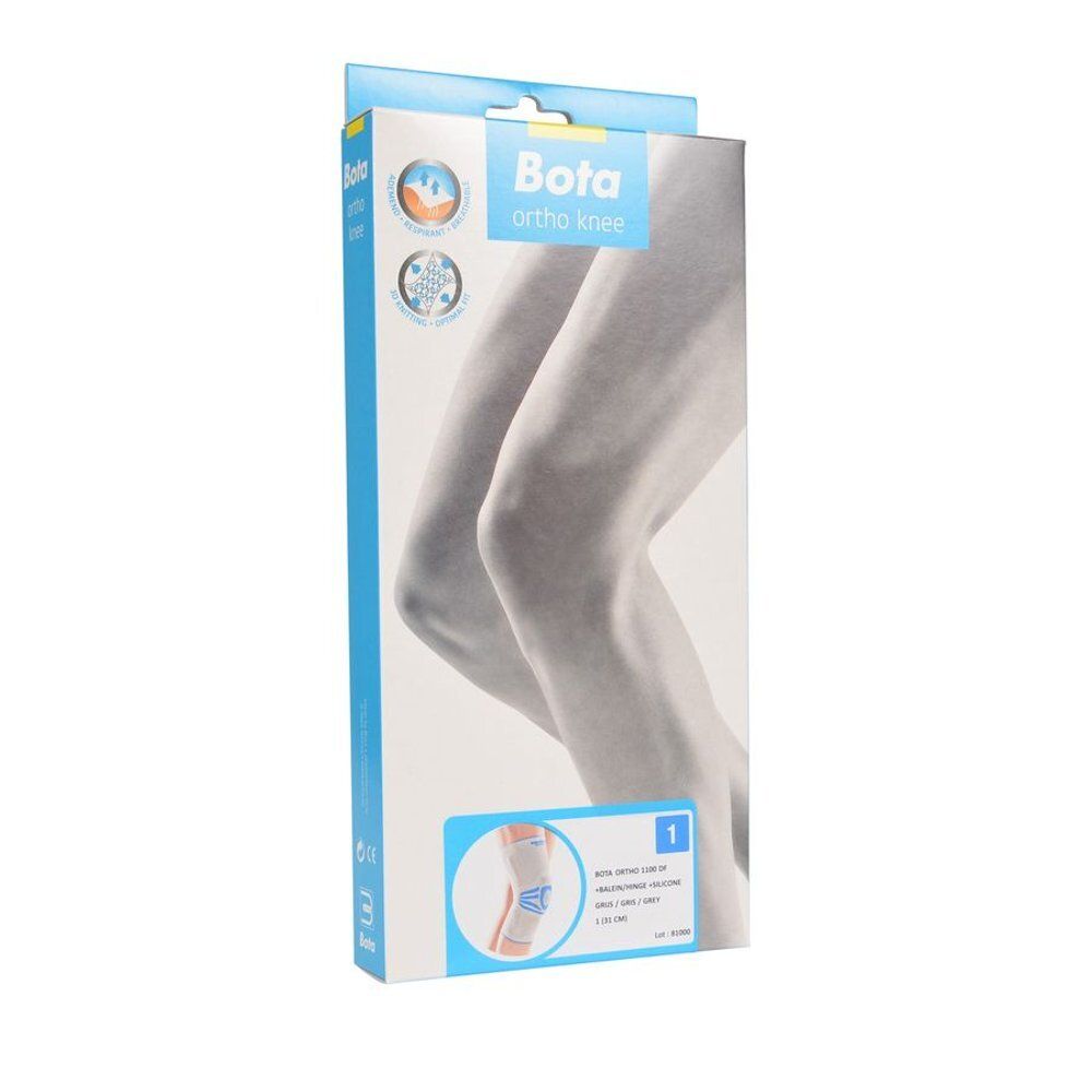 Vooraanzicht van de verpakking van de Bota Ortho kniebrace. Afbeelding van benen en productafbeelding. Maat 1.