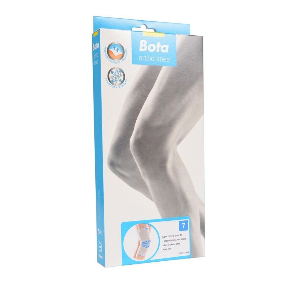 Bota Ortho kniebrace in verpakking. Grijze brace, maat 7. Blauw en witte verpakking.