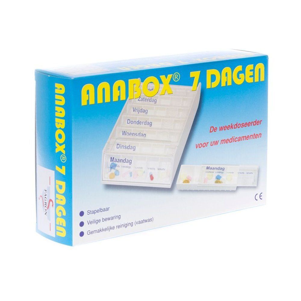 Blauwe en gele verpakking met productnaam Anabox 7 DAGEN. Bevat een witte pillendoos met weekdagen.