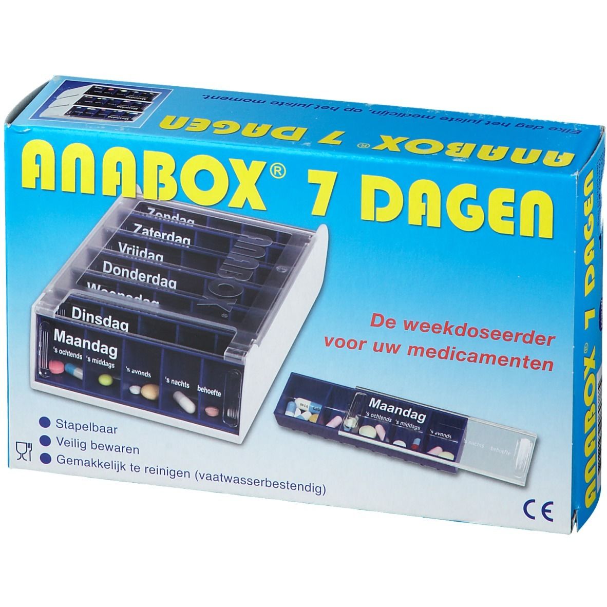 Blauwe en witte Anabox 7 dagen pillendoos. Zeven compartimenten met weekdagen. Opschrift: "Anabox 7 Dagen".