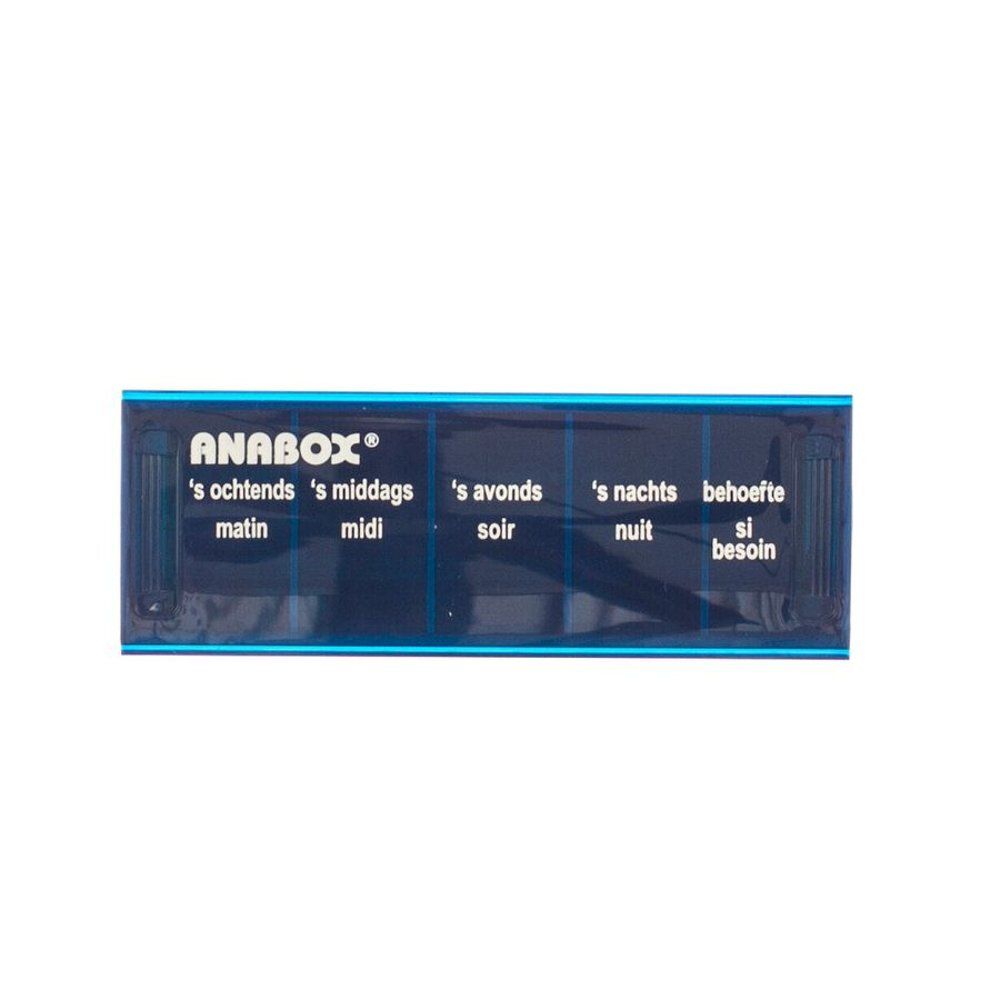 Pilulier bleu transparent avec l'inscription "ANABOX". Inscriptions pour matin, midi, soir, nuit et besoin.