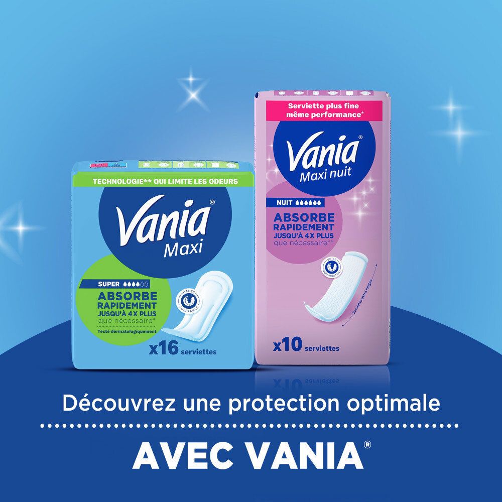 Serviettes Vania Maxi Komfort Super, 16 pièces. Emballage montrant la forme anatomique.