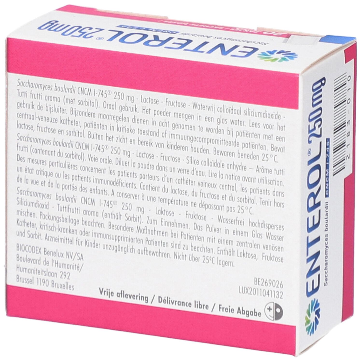 Boîte ENTEROL 250mg. Texte multilingue. Contient 20 sachets. Logo BIODECOX.
