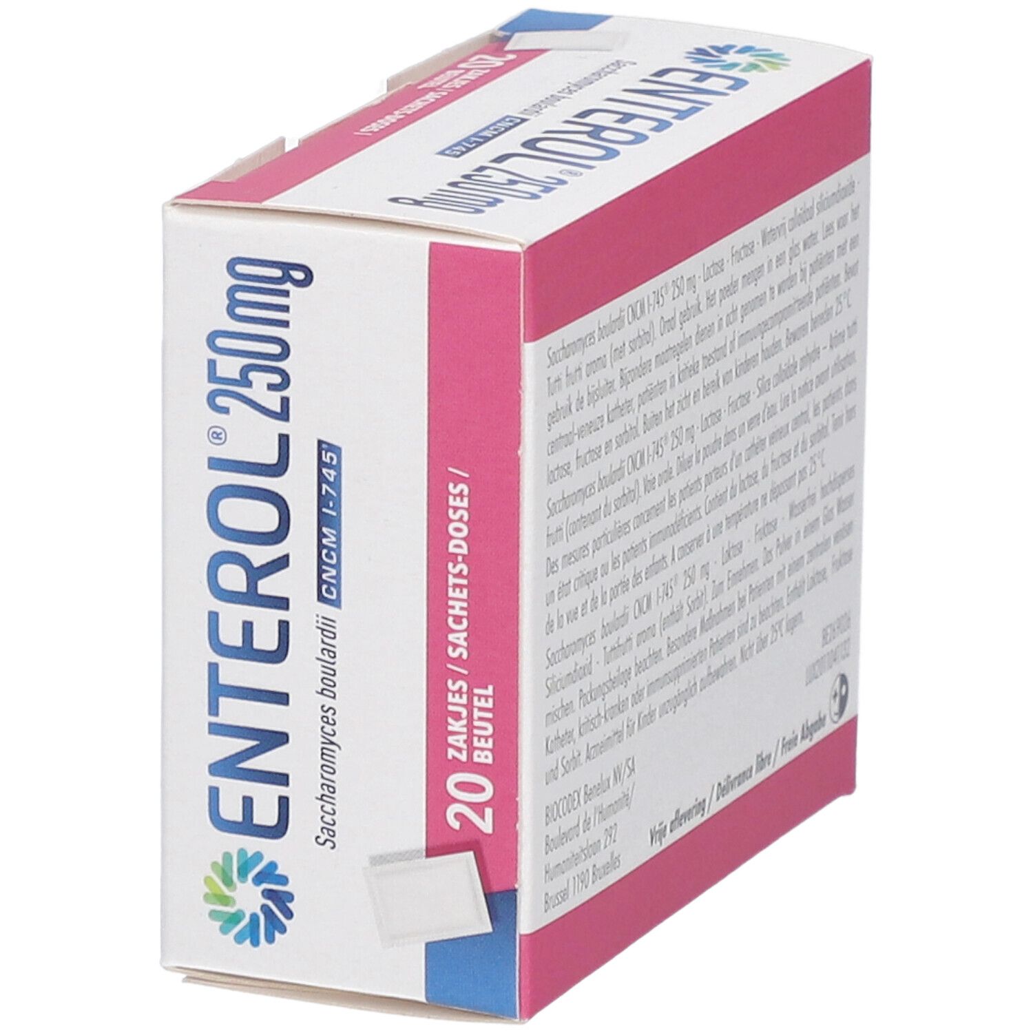 Boîte d'ENTEROL 250mg, 20 sachets. Inscription : Poudre pour suspension buvable.