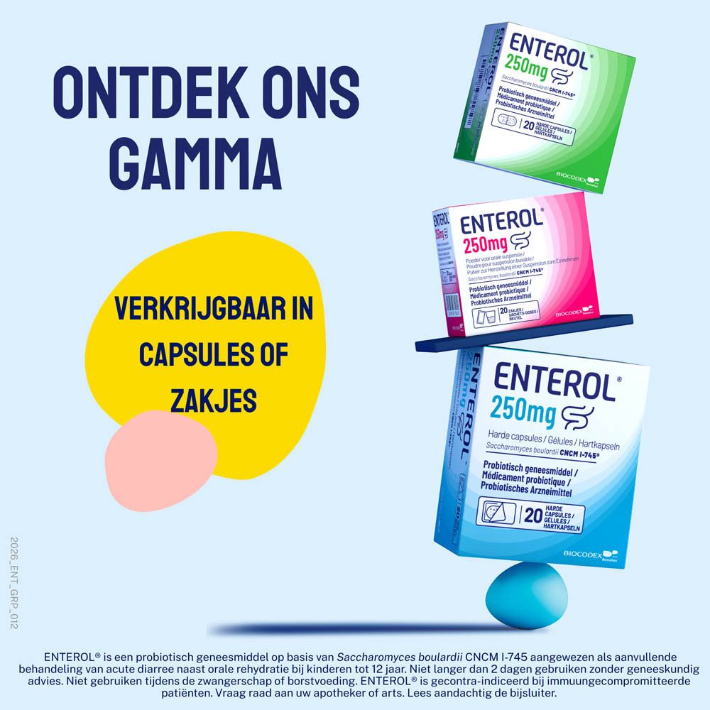 ENTEROL 250mg doos en fles. 20 capsules. Probiotisch geneesmiddel.