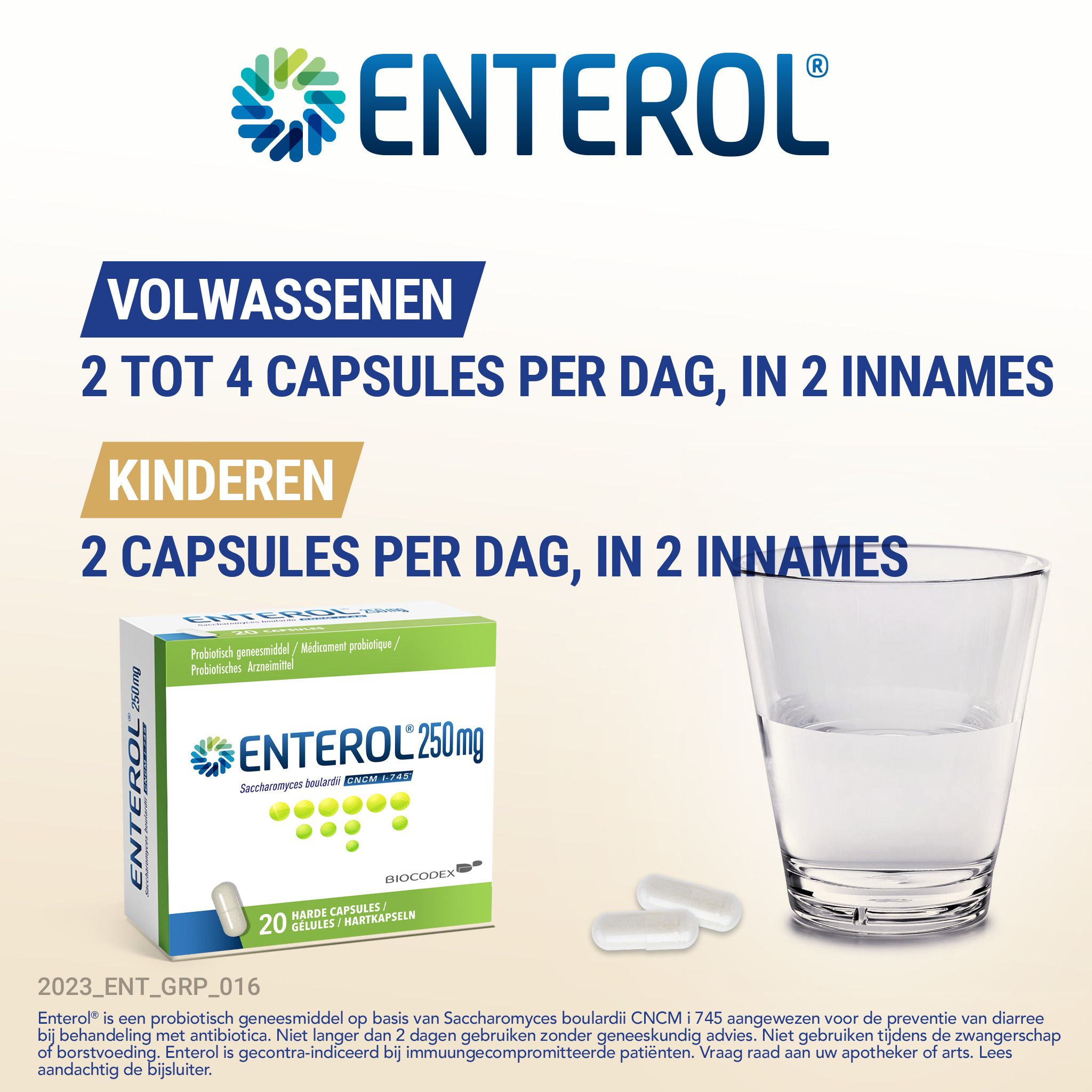 Afbeelding met ENTEROL-logo. Tekst: Volwassenen: 2 tot 4 capsules per dag, in 2 innames. Kinderen: 2 capsules per dag, in 2 innames.