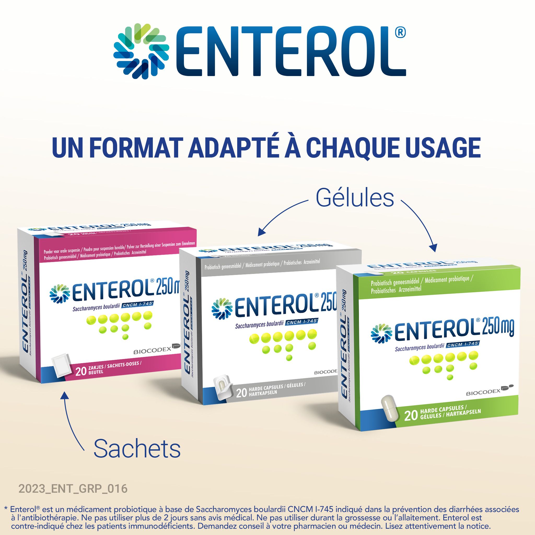 Graphique avec logo ENTEROL. Différents formats: Gélules, Sachets.
