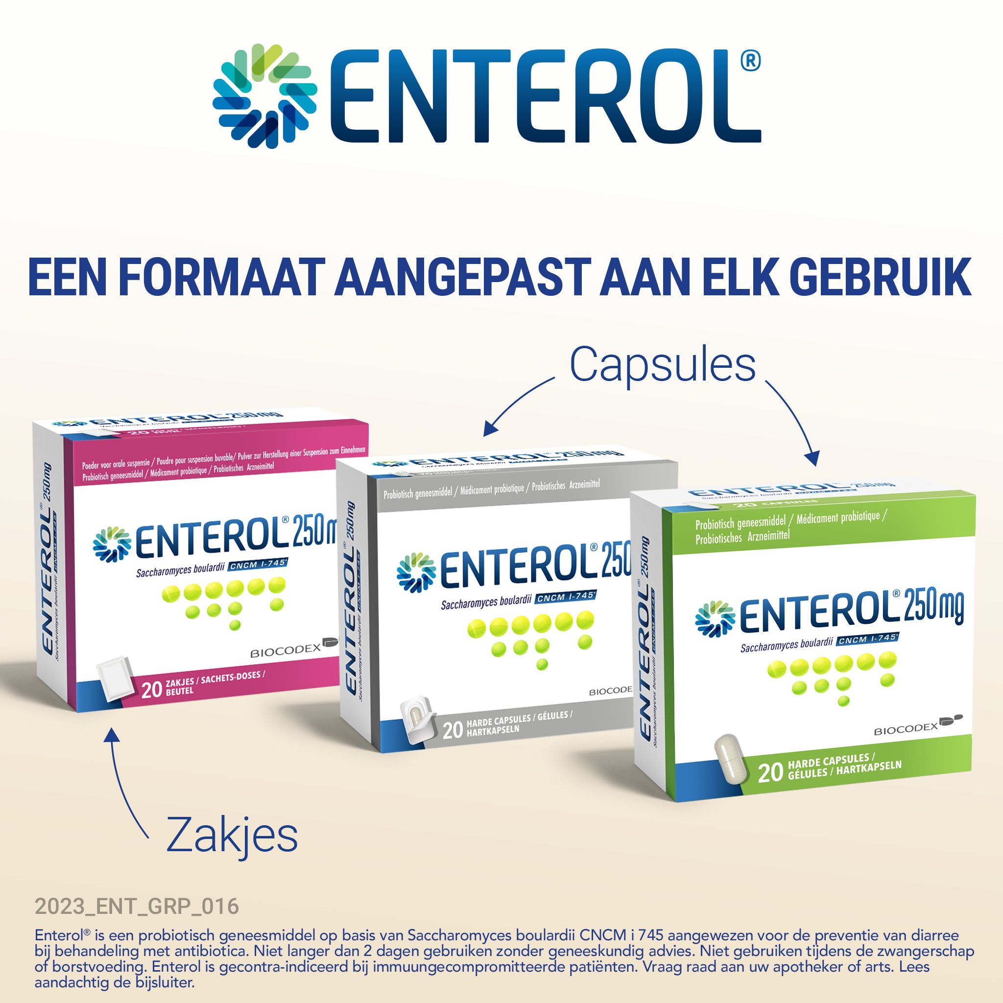 Afbeelding met ENTEROL-logo. Verschillende formaten: Capsules, Zakjes.
