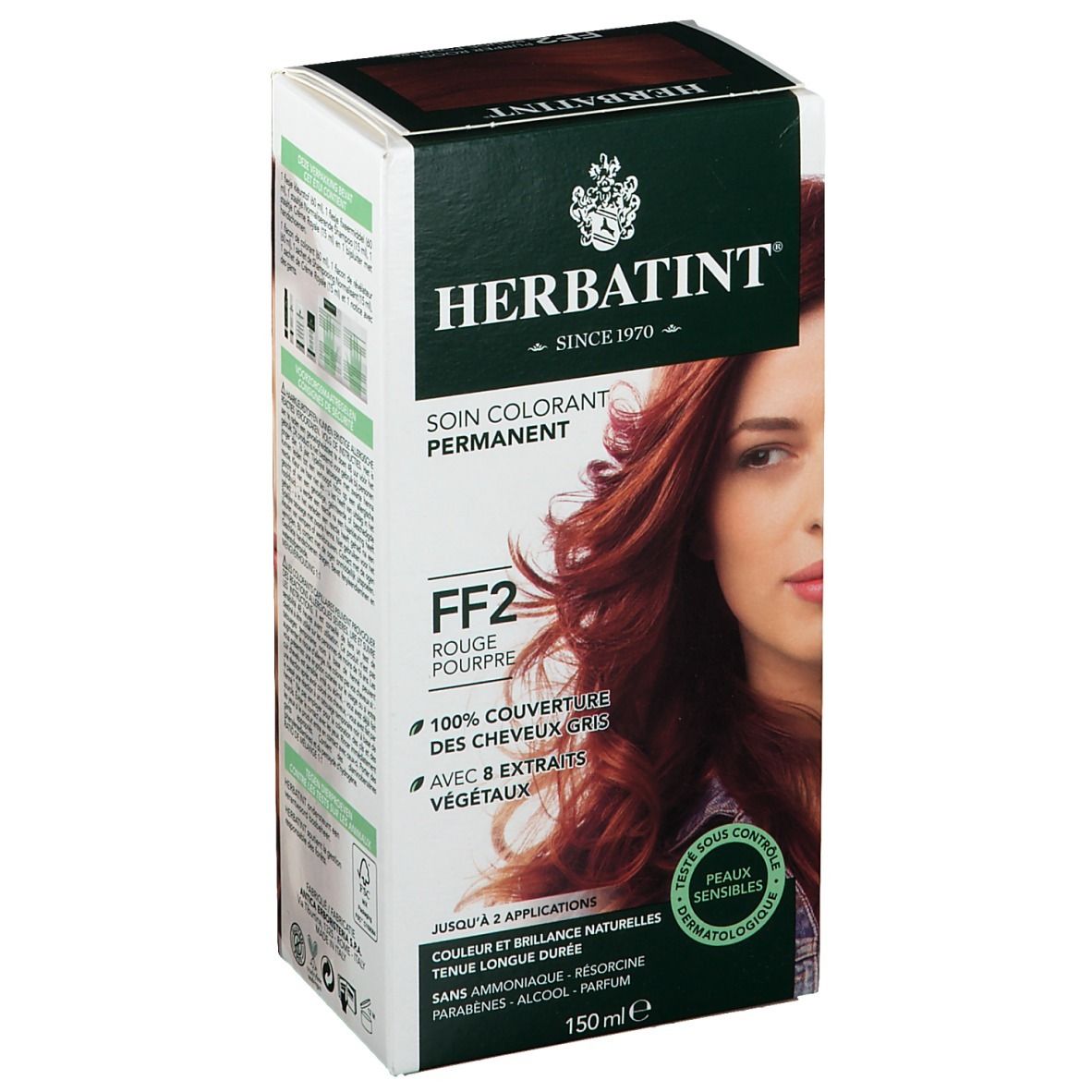 HERBATINT® haarverf doos, FF2 Purper Rood. Permanente haarkleuring. Vrouw met rood haar. 100% grijsdekking. Met 8 plantenextracten. 150ml. Gevoelige huid.