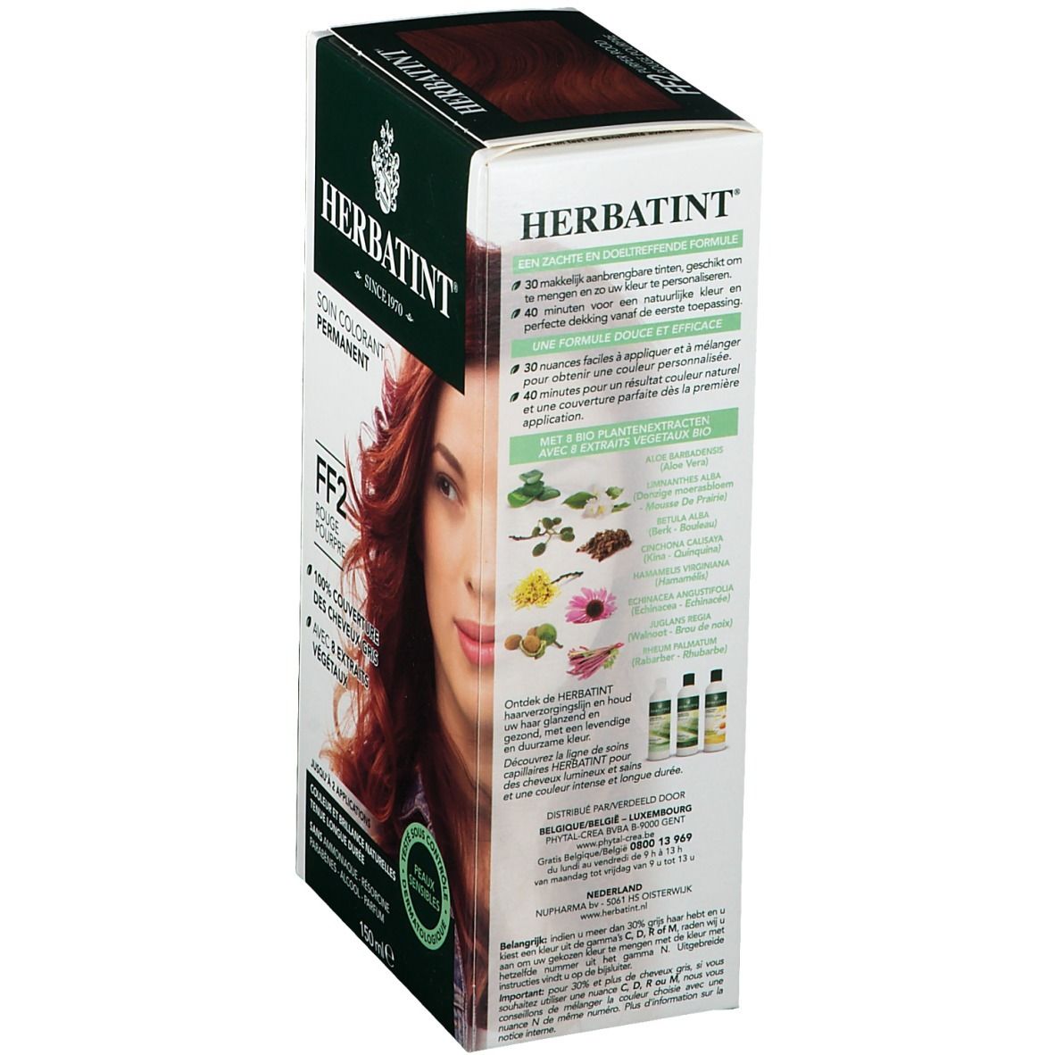 HERBATINT® haarverf doos, achterkant. FF2 Purper Rood. Permanente haarkleuring. Ingrediënten, instructies. 100% grijsdekking. Met 8 plantenextracten. 150ml. Gevoelige huid.